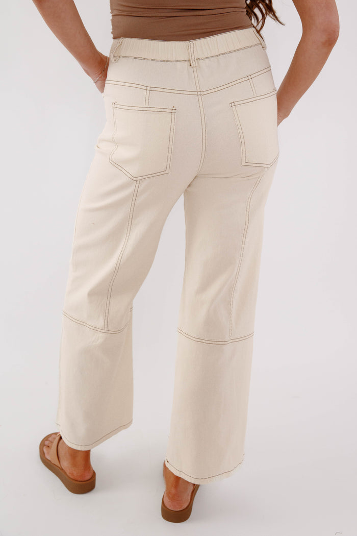 Cream High Rise Straight Leg Jeans-Cropped Neutral Denim for Women- Hayden Los Angeles Stretchy Cream Denim Pants