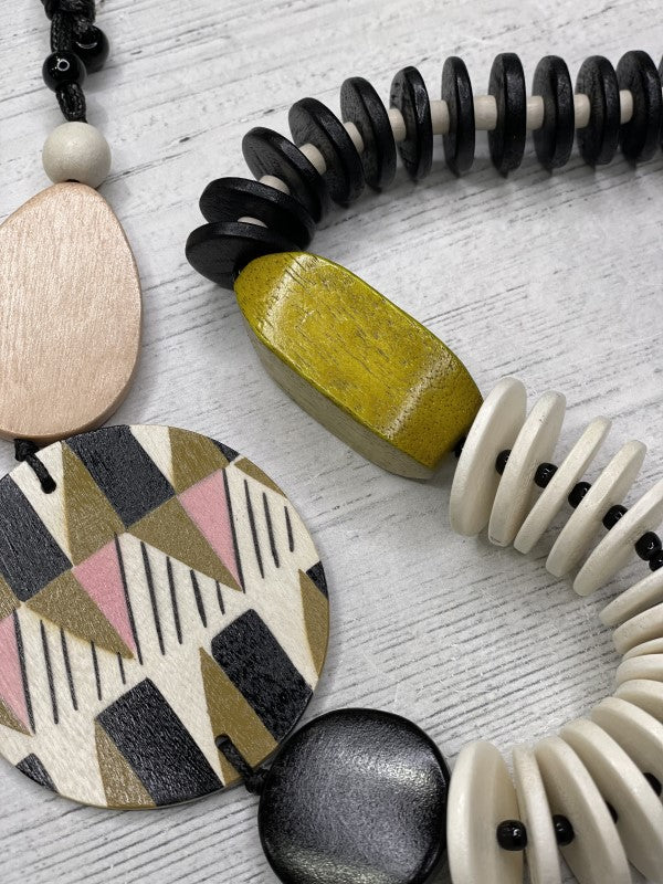 Alisha D Long Statement Necklace Adjustable Cord In Natural and Hand painted Wood