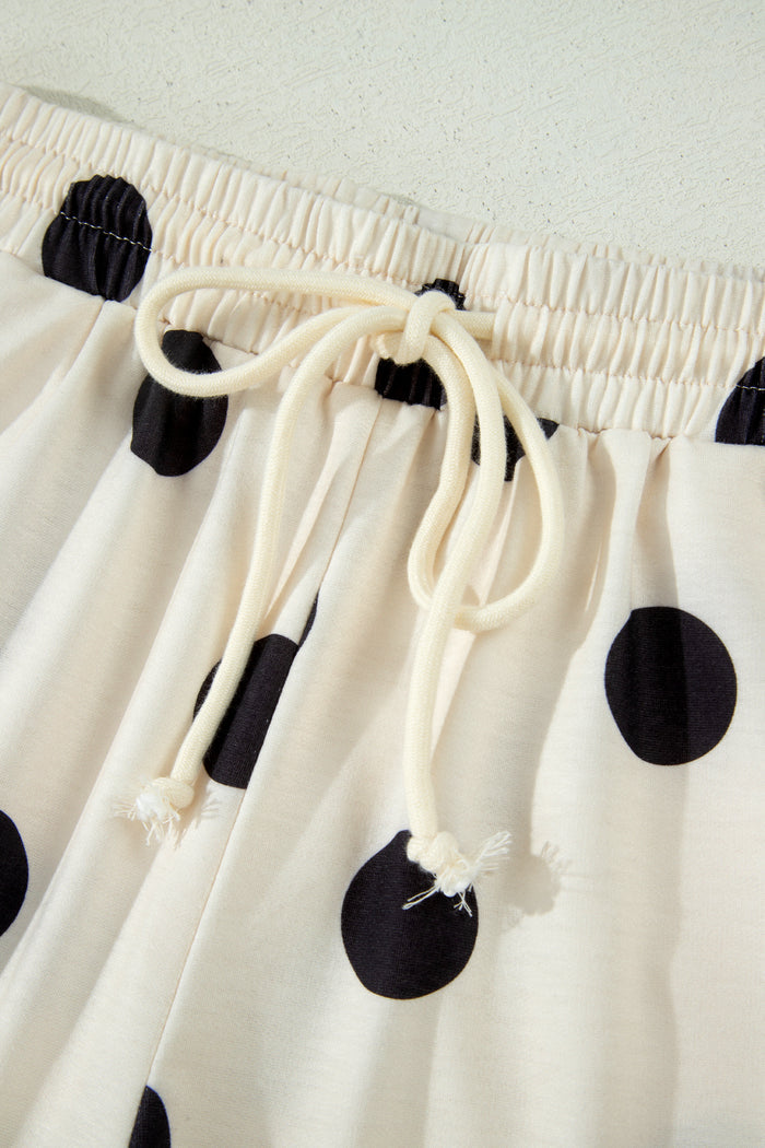 Beige Polka Dot Print V Neck Tee Short Set