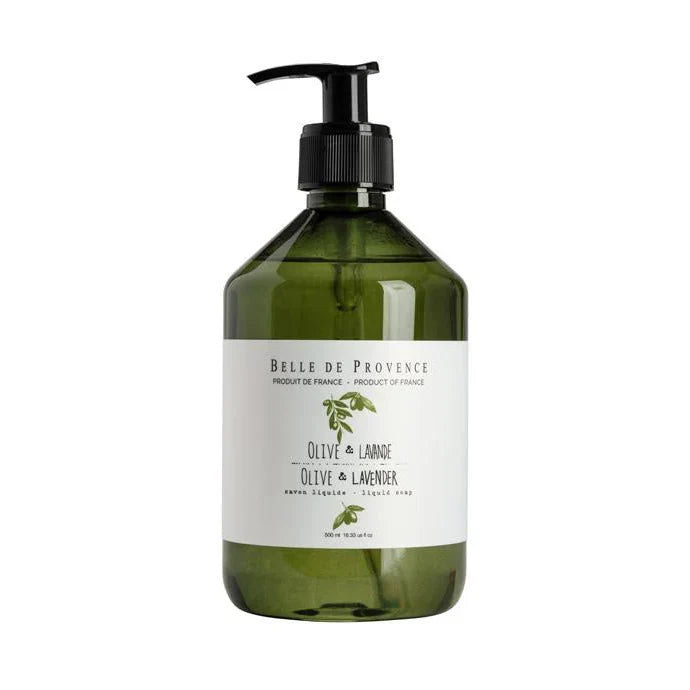 A clear plastic bottle containing liquid soap, labeled 'Belle De Provence Olive & Lavender', with a black cap and a white label.