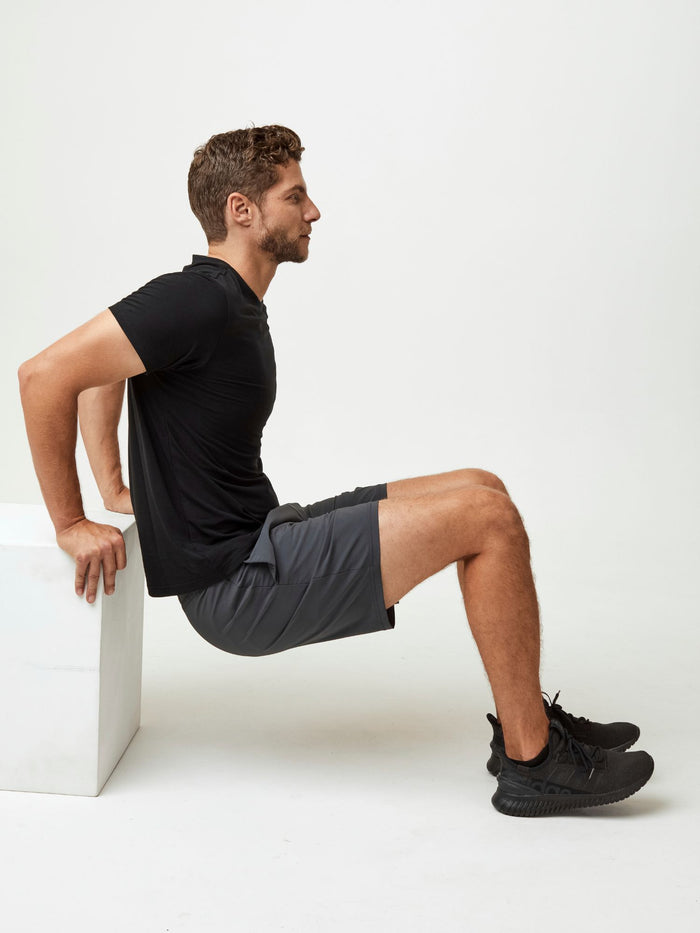 Our stretch fabric blend offers unrestricted movement # Men's Stretch Performance Shorts Graphite| Fresh Clean Threads