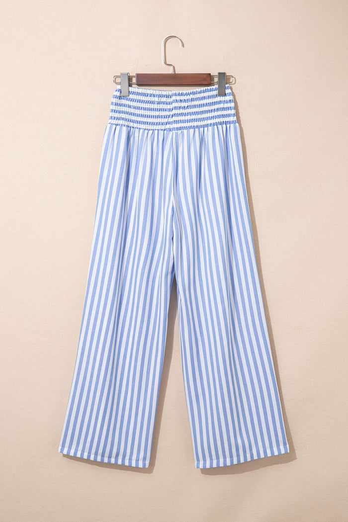 Black Stripe Shirred High Waist Loose Summer Pants