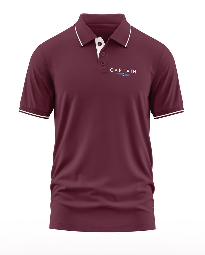 Maroon men's polo t-shirt with 'CAPTAIN' text, white piping, short sleeves, button collar