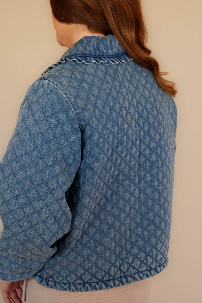 Quilted Denim Ruffle Jacket- Women's Front Tie Denim Jacket- Women's Quilted Jackets