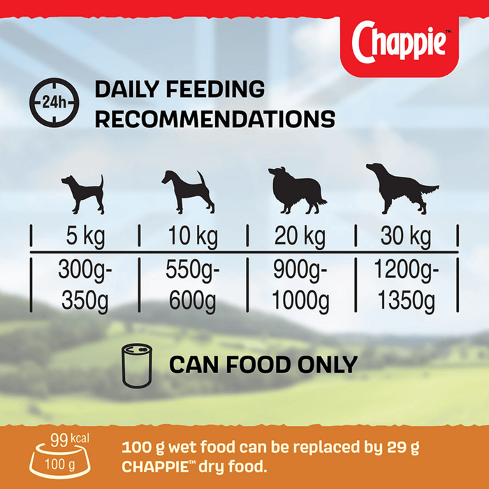 A Chappie dog food portion guide infographic showing weight and quantity recommendations for different sized dogs. Against a blurred green landscape background.