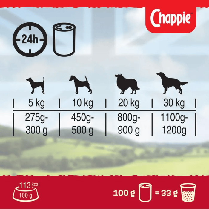 A Chappie dog food portion guide infographic showing weight and quantity recommendations for different sized dogs. Against a blurred green landscape background.