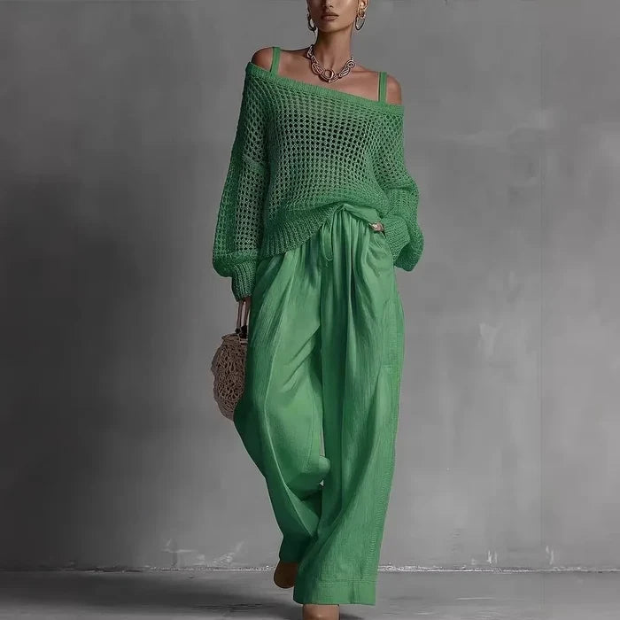 Cleora - Ensemble femme deux pièces avec pull ajouré et pantalon large