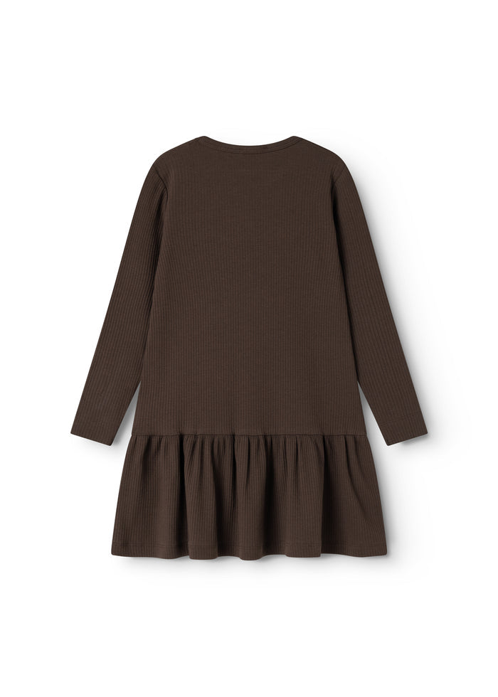 Brown dress with long sleeves and a pleated skirt, lightweight A-line fit.