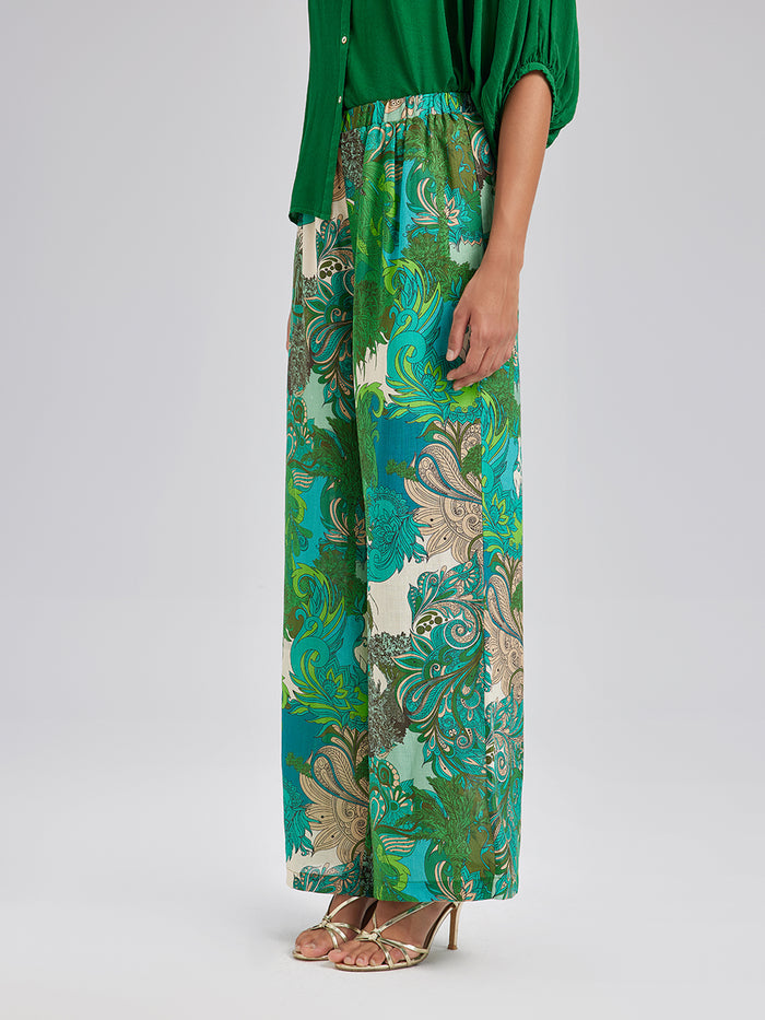 Elastic Waist Floral Printed Ramie Pants