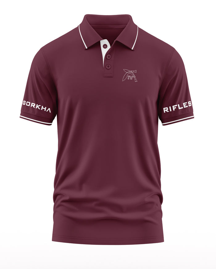 Men's maroon polo T-shirt with Gorkha Rifles text on sleeves and army-inspired insignia on chest