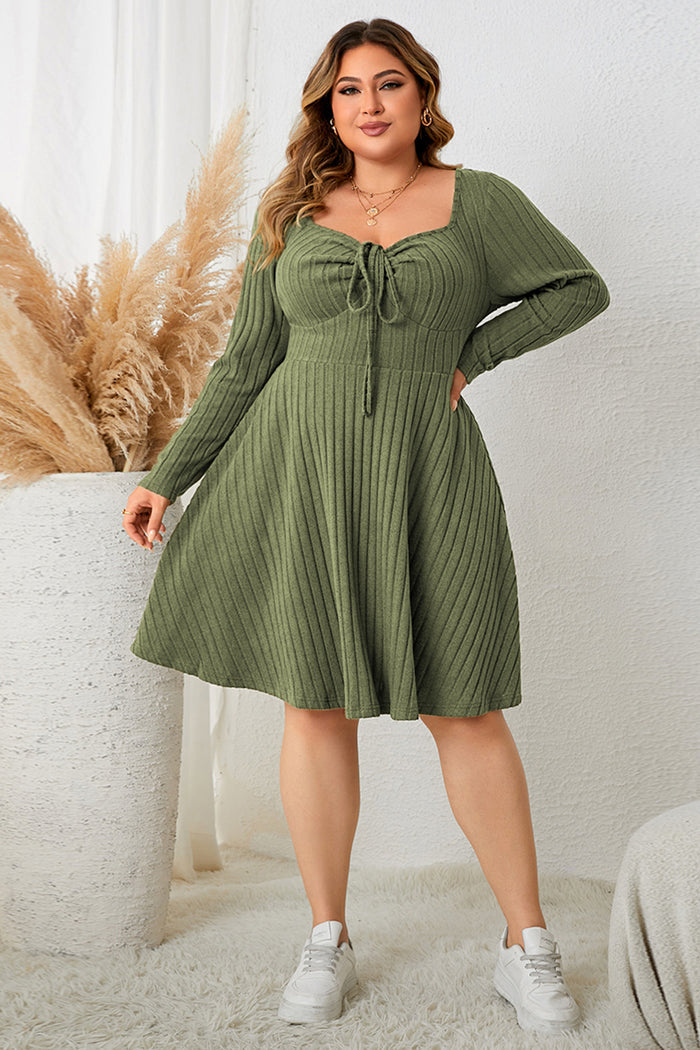 Trendsi long sleeve ribbed plus size dress in olive green with a tie front and flared skirt