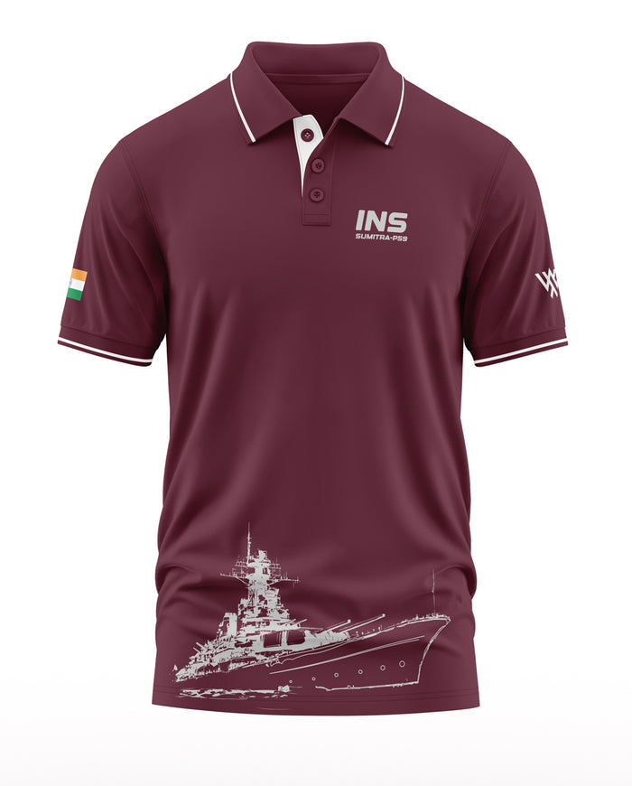 Maroon men's polo t-shirt with INS Sumitra P59 text, navy ship graphic, and Indian flag sleeve patch.