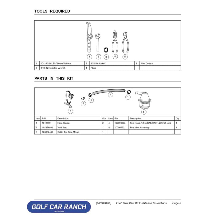 KIT FUEL TANK VENT 1/4 IN OD - 103923101 -DIS CLUB CAR REPAIR PART