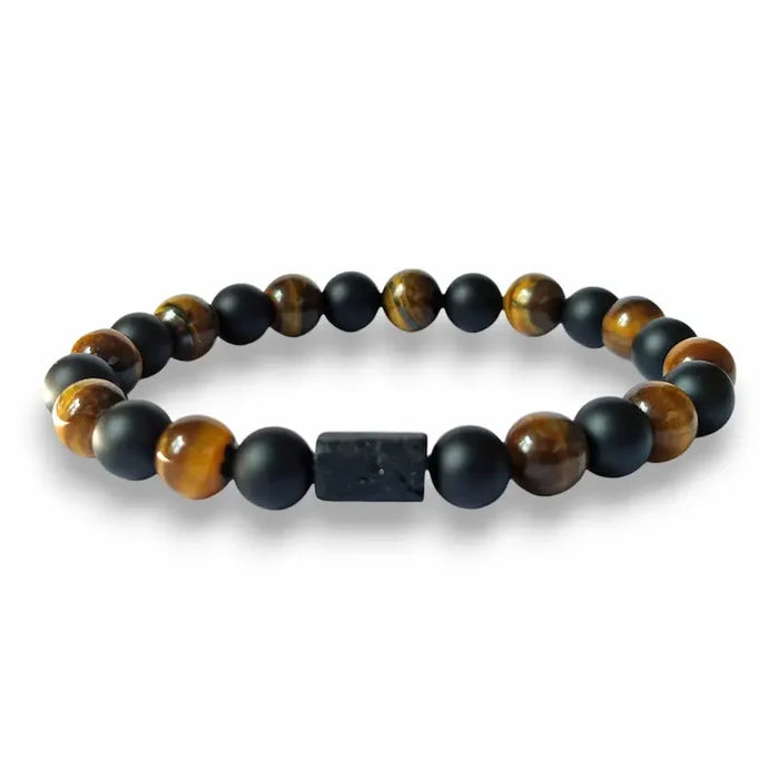 Men's tiger's eye and onyx beaded bracelet with black tourmaline centre, 8mm