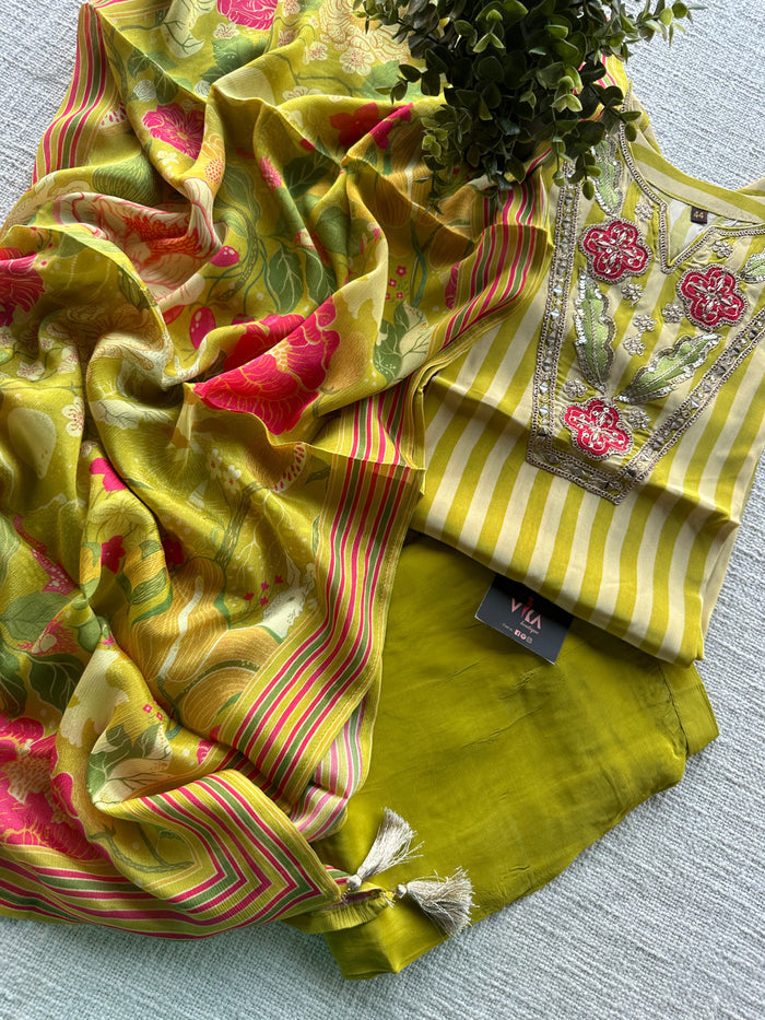 Neck work striped crepe silk ready set