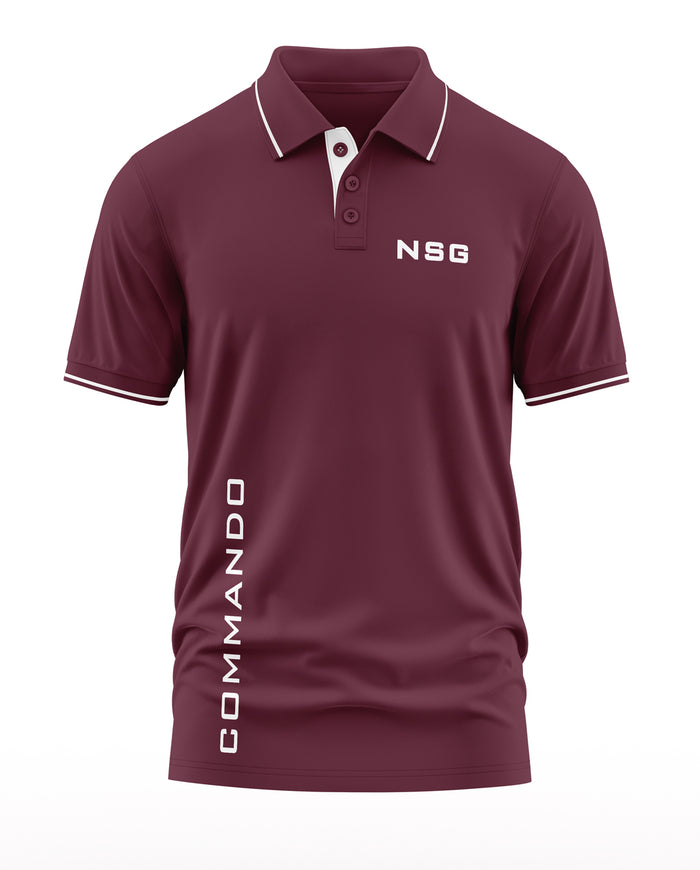 Maroon men's polo t-shirt with white piping, NSG logo, and vertical Commando text