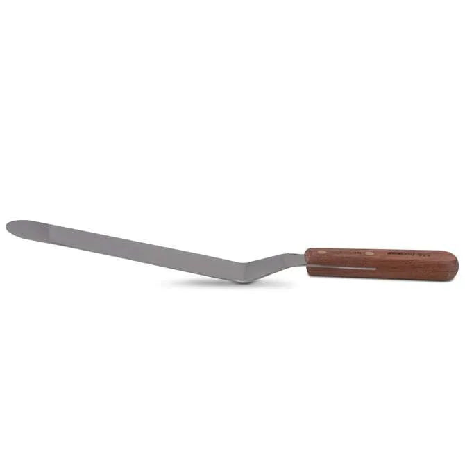 An offset spatula with a stainless steel blade and a wooden handle on white background.