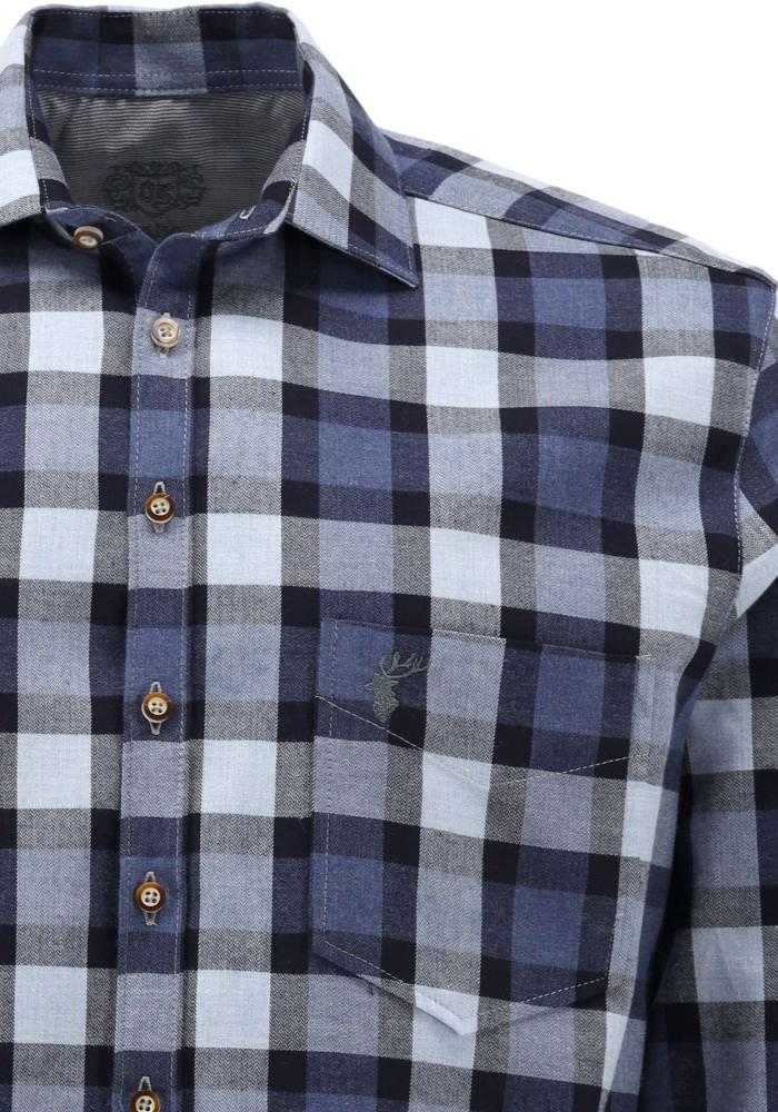 OS Trachten Men's Navy Check Slim Fit Trachten Shirt – Stag Embroidery & Shark Collar