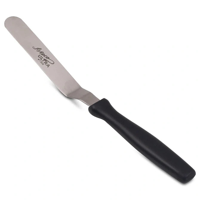 Mini Offset Spatula with black handle and silver blade on a white background