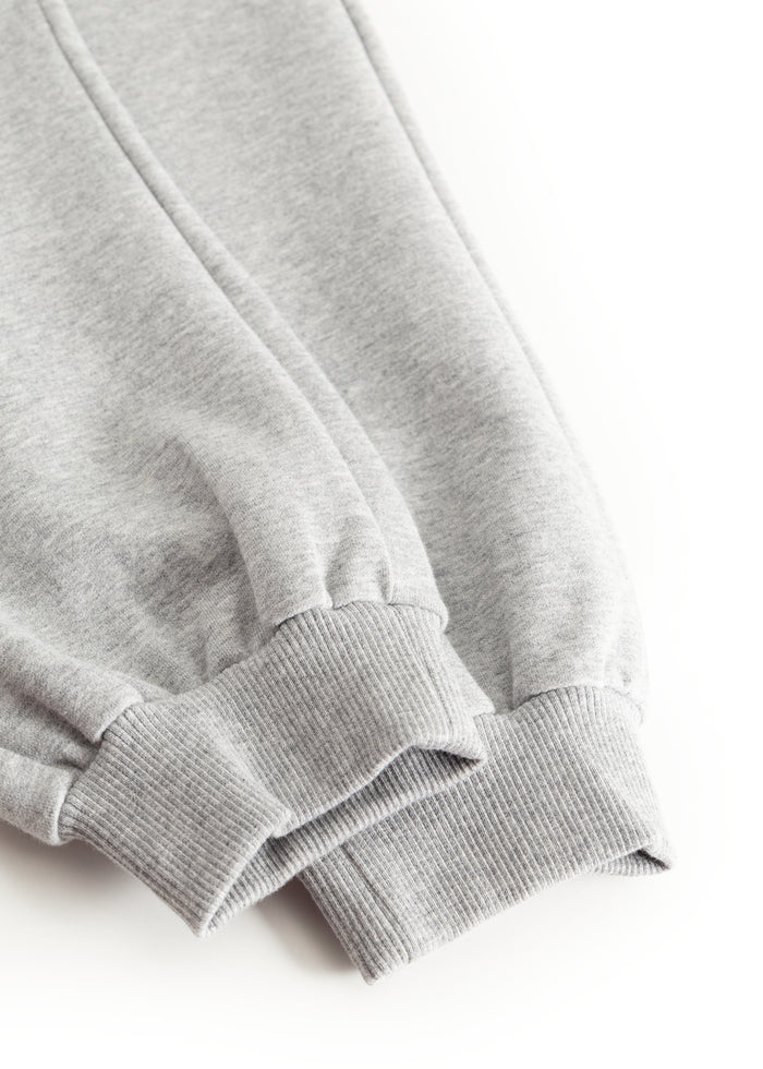 Gray jogger pants with ribbed cuffs at the ankles and a marked seam at the leg opening.