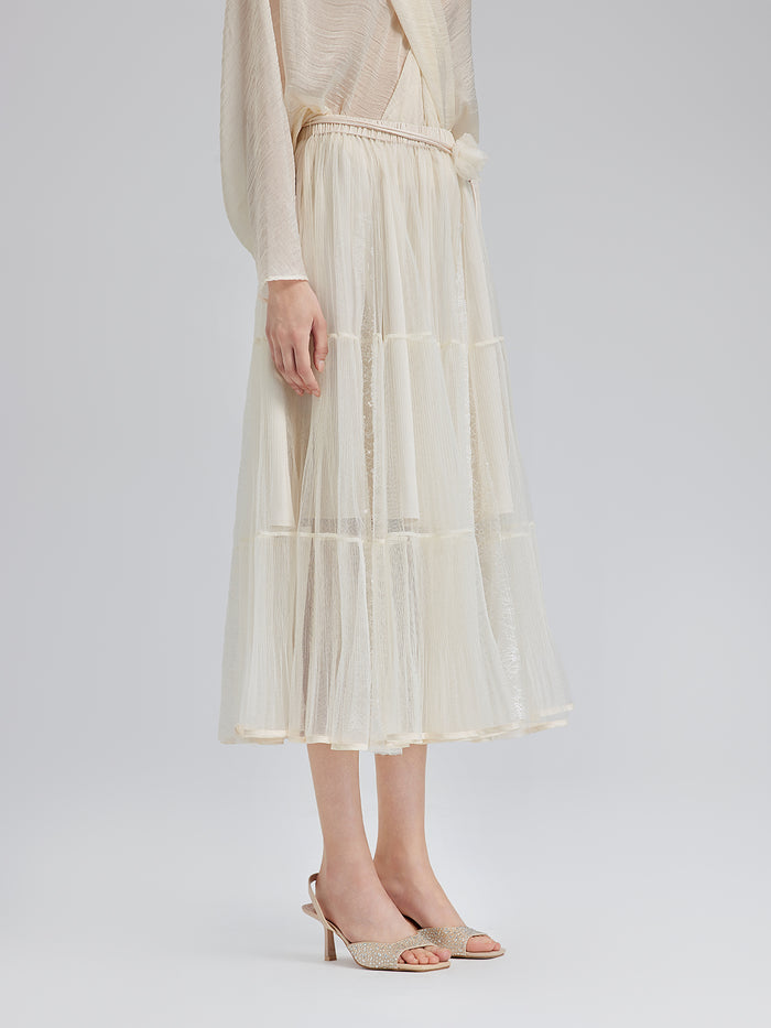 Pleated Mesh Elastic Waist Skirt