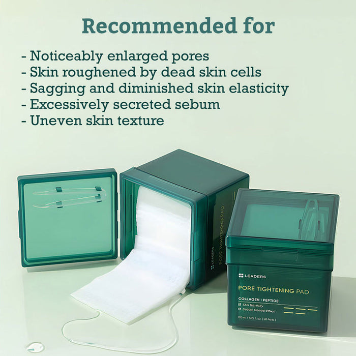 Two green containers of Pore Tightening Pad | Leaders with one open showing white pads being dispensed, alongside text listing skin concerns the product addresses including enlarged pores and uneven texture.