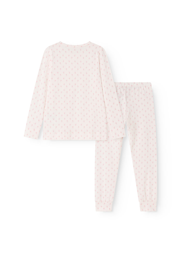 Kids pajamas set: long-sleeve blouse and pants in pink mini floral pattern