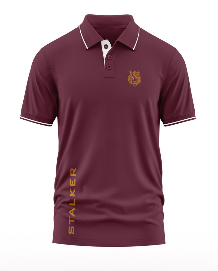 Maroon men's polo t-shirt with tiger emblem, white trim, and 'STALKER' text on front