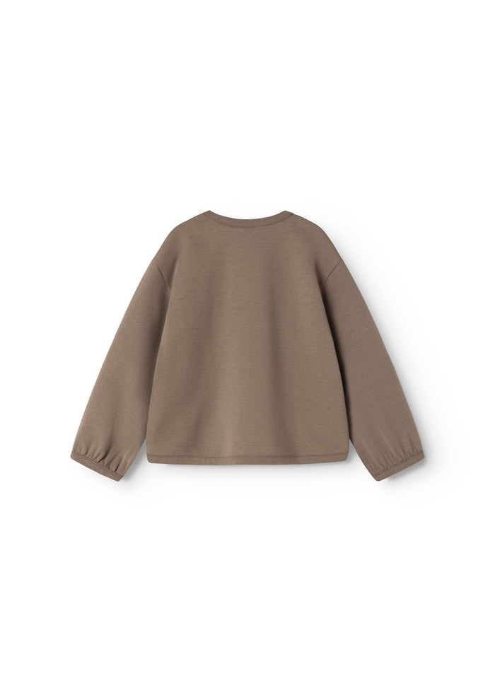Dusty brown blouse set from the back with round neck and long sleeves