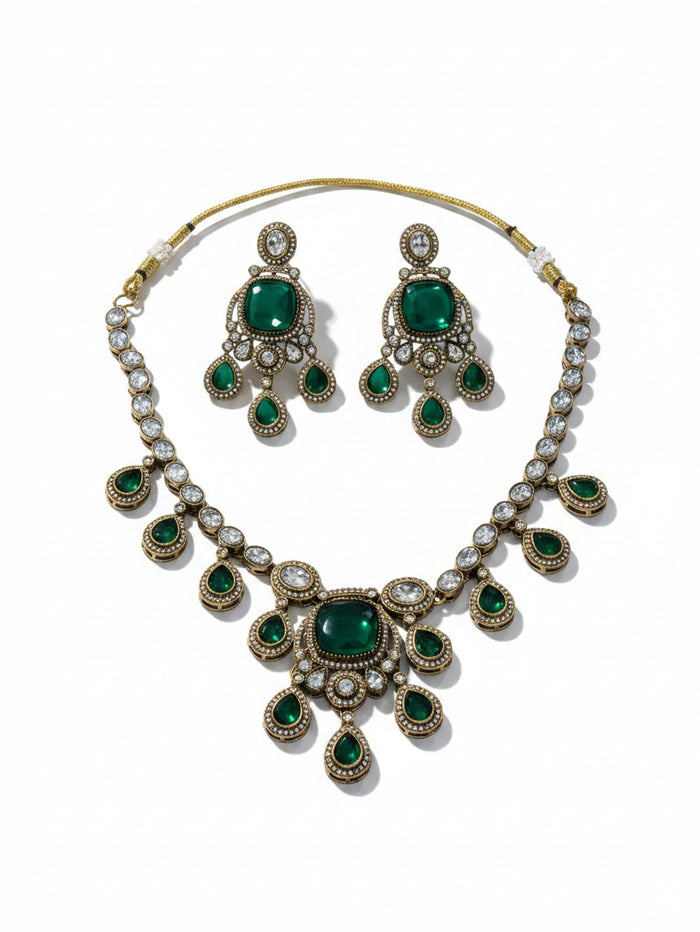 Kurti Connection USA emerald green doublet stone necklace and earring set with antique gold finish and crystal accents