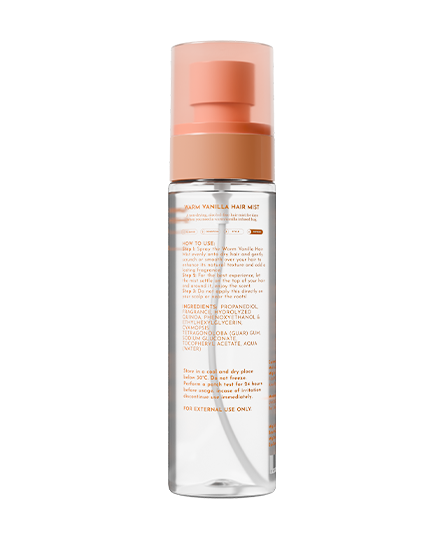 The back side of Warm Vanilla Hair Mist bottle