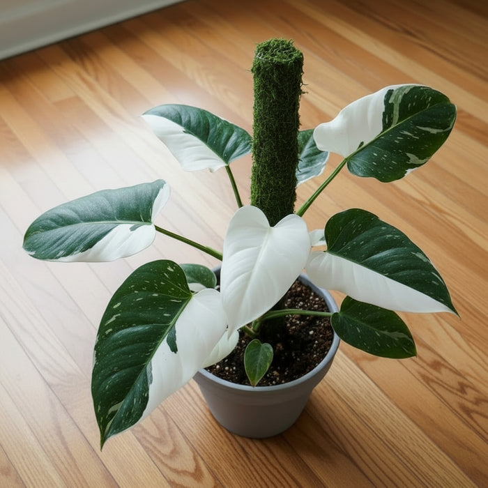 White Princess Philodendron displaying upright climbing growth and variegated foliage in an indoor container with support