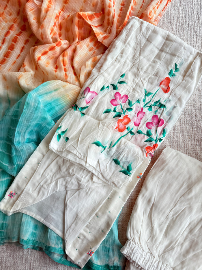 White-Turquoise Mul Cotton Ready kurti pant set