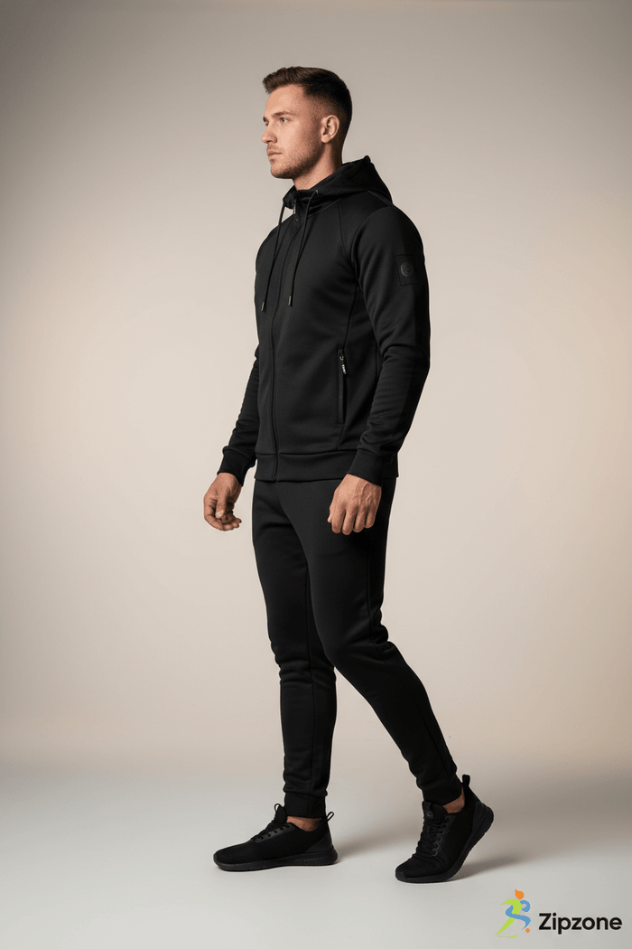 Zipzone Essentials Black Zip - Up Tracksuit | Unisex Hooded Athletic Set - Zipzone International