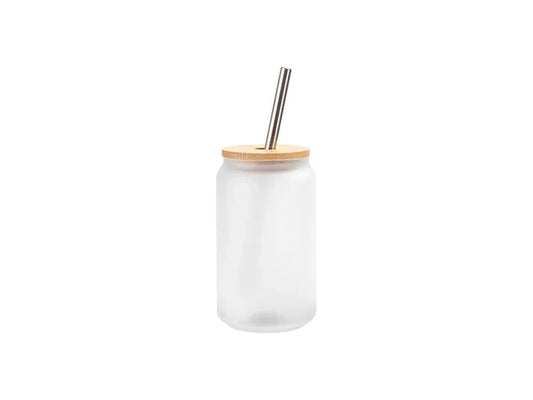 13oz/400ml Sublimation Blanks Glass Can Tumbler with Bamboo Lid Frosted White