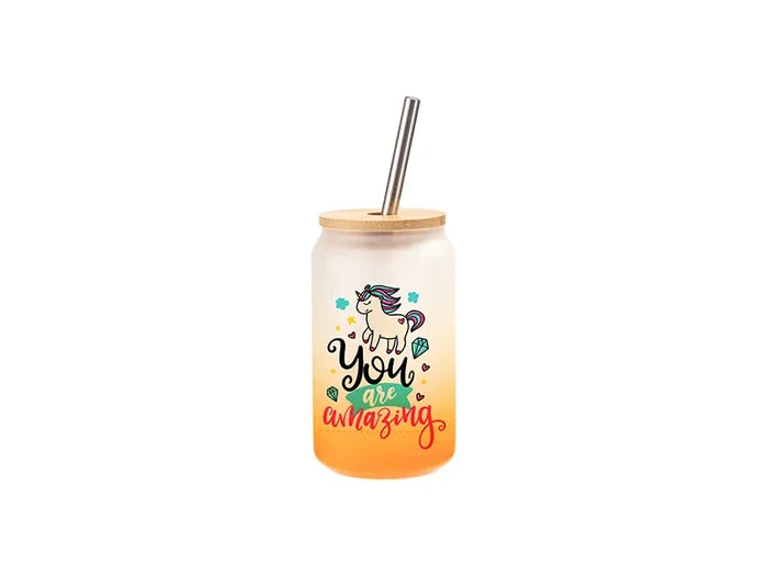13oz/400ml Sublimation Blanks Glass Can Tumbler with Bamboo Lid Gradient Orange