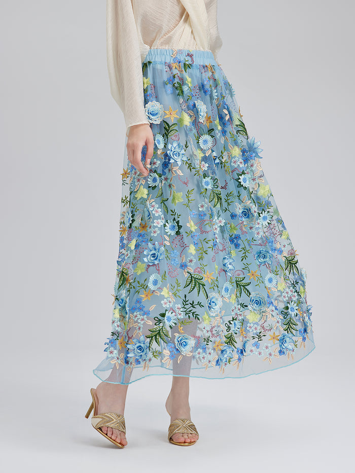 3D Floral Embellished Elastic Skirt