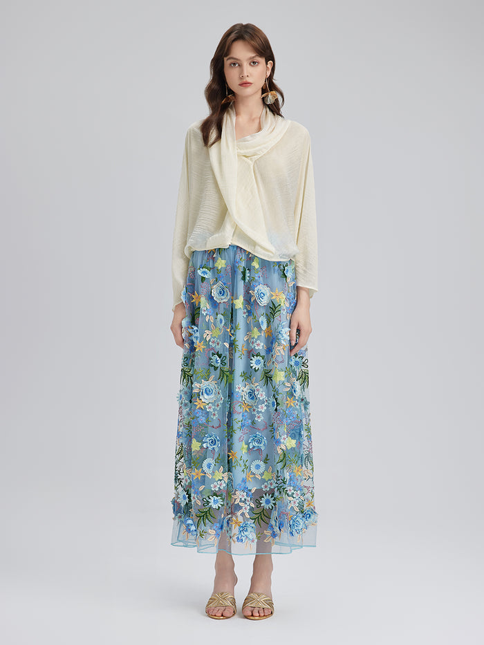 3D Floral Embellished Elastic Skirt