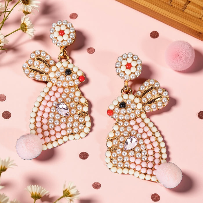 93528 - Beaded Easter Bunny Earrings - Pink & White