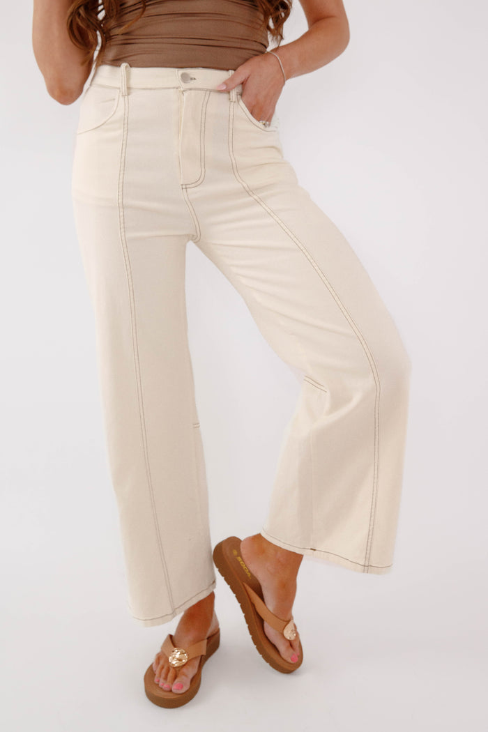 Cream High Rise Straight Leg Jeans-Cropped Neutral Denim for Women- Hayden Los Angeles Stretchy Cream Denim Pants