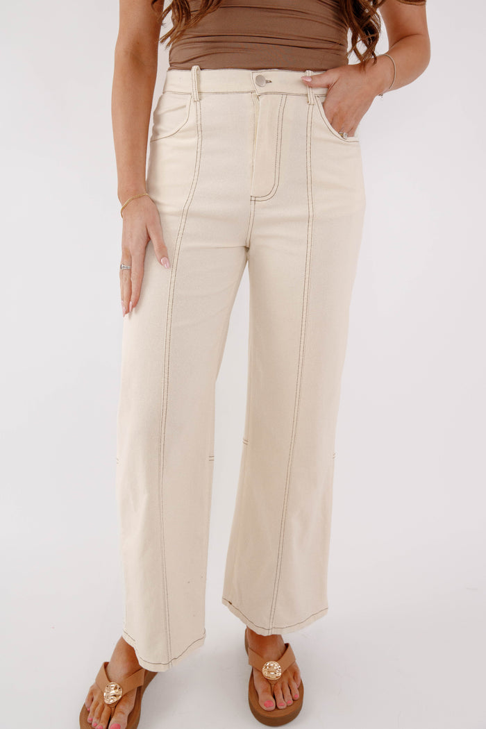 Cream High Rise Straight Leg Jeans-Cropped Neutral Denim for Women- Hayden Los Angeles Stretchy Cream Denim Pants