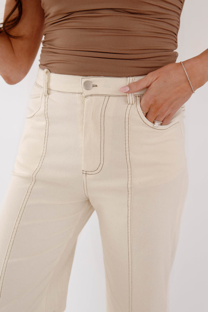 Cream High Rise Straight Leg Jeans-Cropped Neutral Denim for Women- Hayden Los Angeles Stretchy Cream Denim Pants