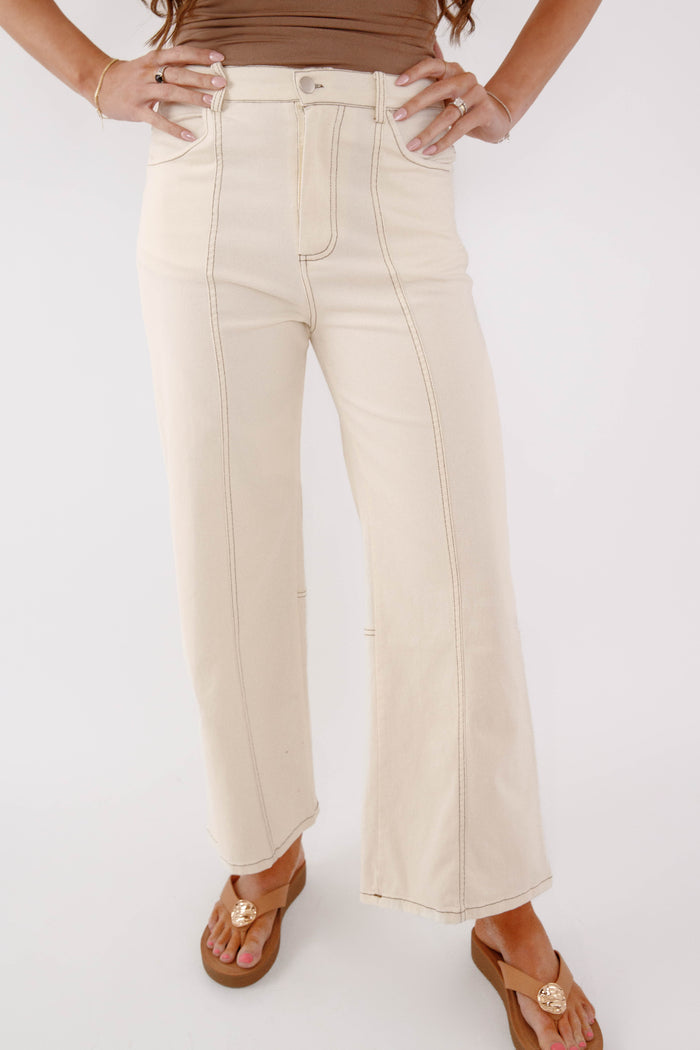 Cream High Rise Straight Leg Jeans-Cropped Neutral Denim for Women- Hayden Los Angeles Stretchy Cream Denim Pants