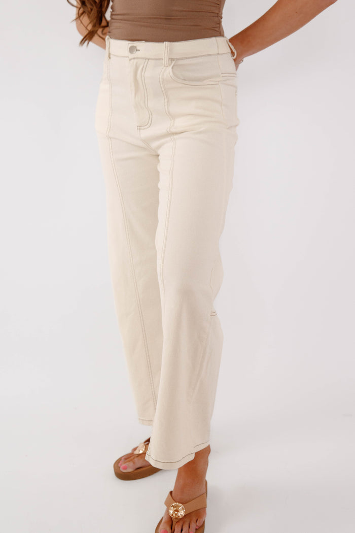 Cream High Rise Straight Leg Jeans-Cropped Neutral Denim for Women- Hayden Los Angeles Stretchy Cream Denim Pants