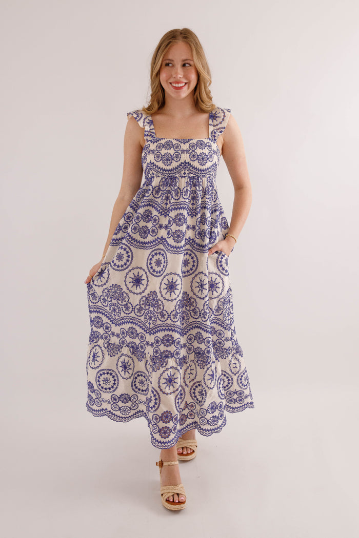 Embroidered Blue and White Dress- In Loom Embroidered Dress