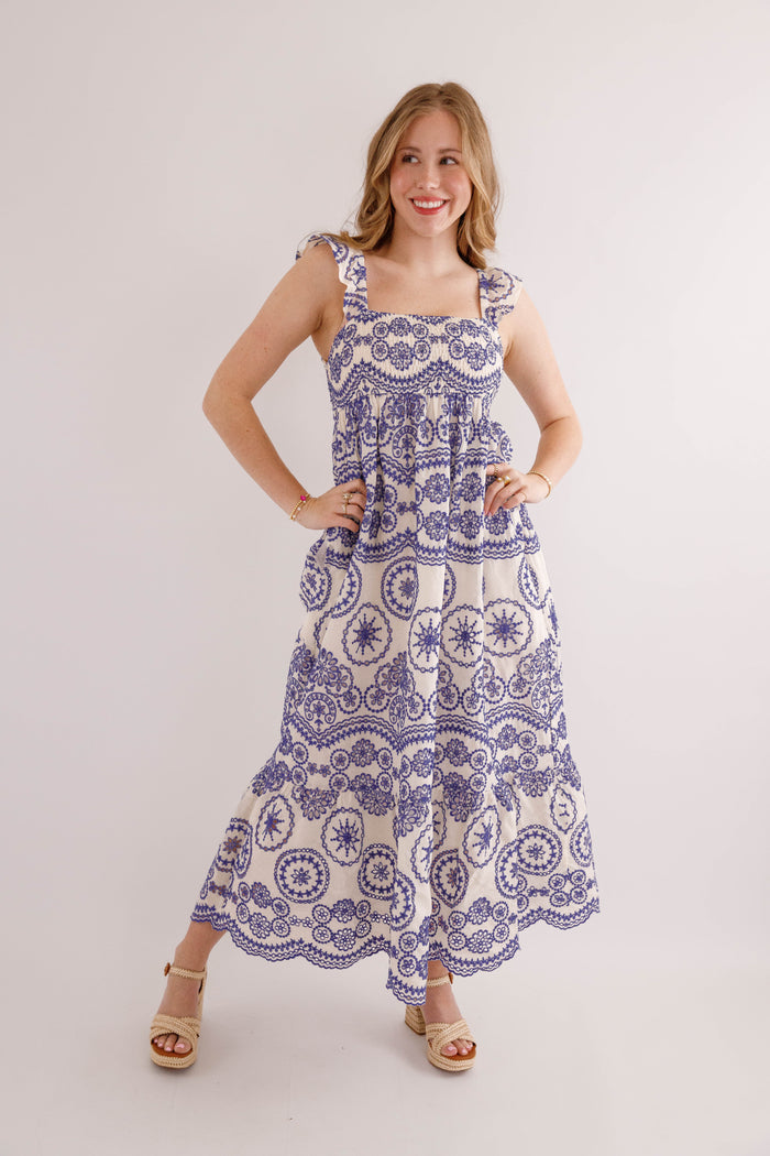 Embroidered Blue and White Dress- In Loom Embroidered Dress