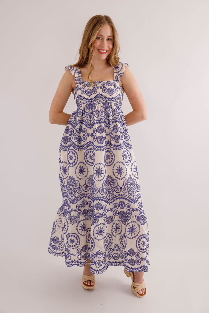 Embroidered Blue and White Dress- In Loom Embroidered Dress