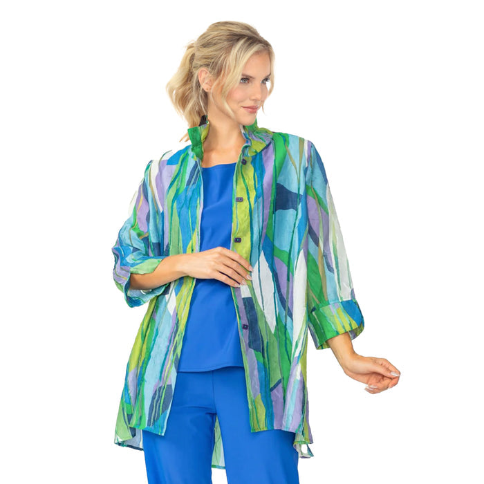 Abstract Linear Hi-Low Blouse in Blue - 7079J