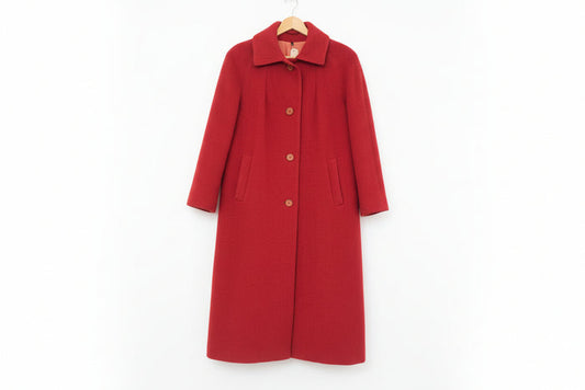 Admyra Red Wool Tweed Coat UK 12 EU 40 Buttoned Midi Long-Sleeve Pure New Wool