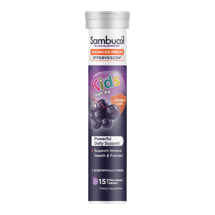 Sambucol Kids immune support effervescent tablets on a white background